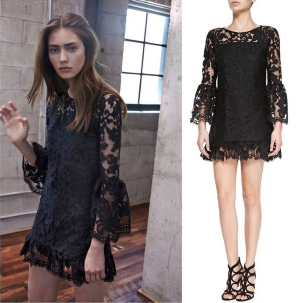 Alexis Eloy Ruffle Hem Lace Dress Bell Sleeve in Black Size XS